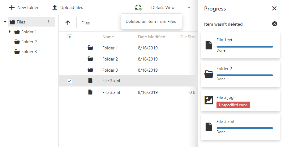 Progress and Status UI - JavaScript File Manager, DevExpress