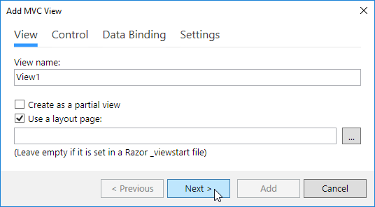 DevExtreme ASP.NET MVC Controls - The Add View window