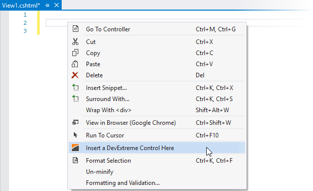 DevExtreme ASP.NET MVC Controls - Insert a DevExtreme Control Here on the context menu