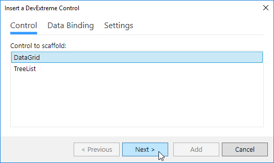 DevExtreme ASP.NET MVC Controls - The Insert a DevExtreme Control window