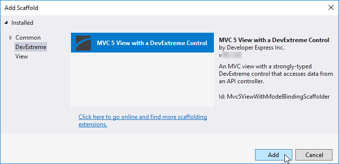 DevExtreme ASP.NET MVC Controls - The Add Scaffold window