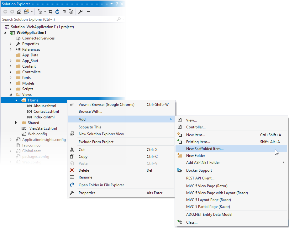 DevExtreme ASP.NET MVC Controls - Add New Scaffolded Item on the context menu