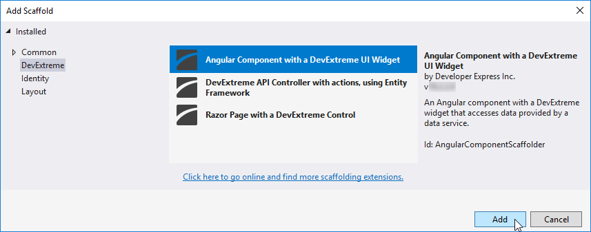 DevExtreme Angular Component Scaffolding - The Add Scaffold window