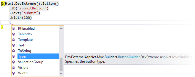 DevExtreme ASP.NET MVC Controls - InstelliSense