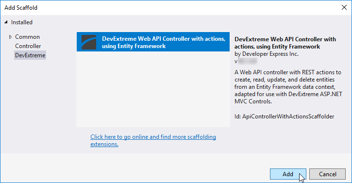 DevExtreme ASP.NET MVC Controls - Add Scaffold Window