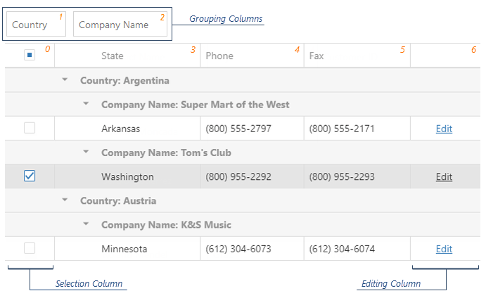 DevExtreme HTML5 JavaScript DataGrid Column Index