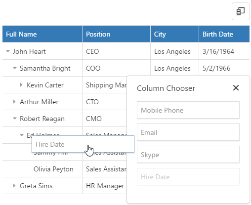 DevExtreme HTML5 JavaScript jQuery Angular Knockout TreeList Column Chooser