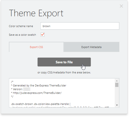 DevExtreme ThemeBuilder UI: Theme Export popup dialog