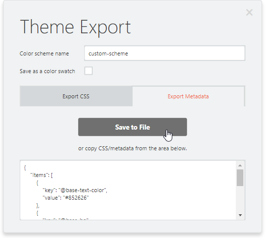 DevExtreme ThemeBuilder UI: Theme Export popup dialog