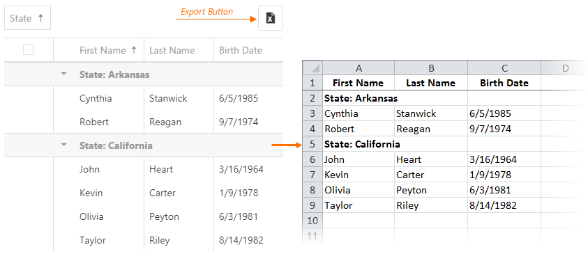 DevExtreme HTML5 JavaScript DataGrid Export Button