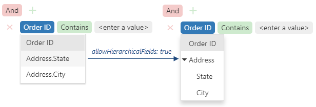 DevExtreme HTML5 JavaScript Filter Builder Hierarchical Fields