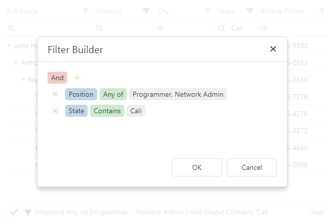 DevExtreme HTML5 JavaScript jQuery Angular Knockout TreeList Filter Panel