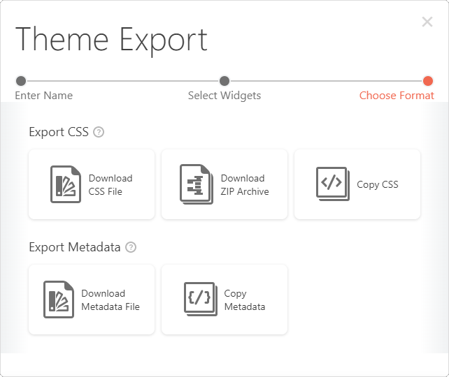 DevExtreme ThemeBuilder UI: Theme Export popup dialog, Choose Format