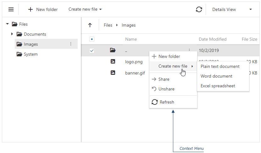 DevExtreme File Manager - Context Menu