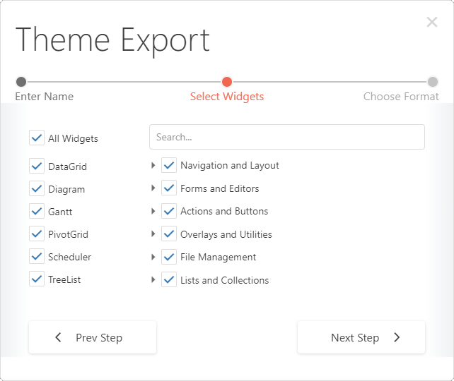 DevExtreme ThemeBuilder UI: Theme Export popup dialog, Select Widgets