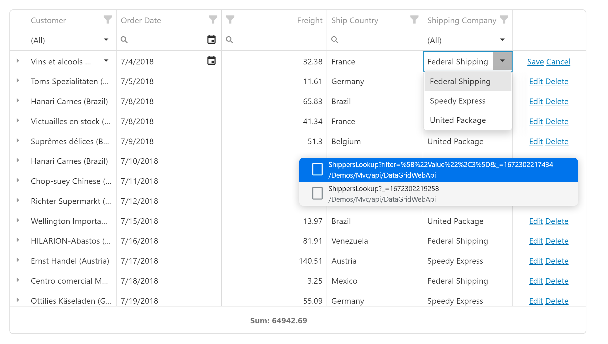 DataGrid Lookup Network Request Parameters