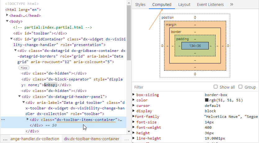 Inspect CSS: the Computed tab opened