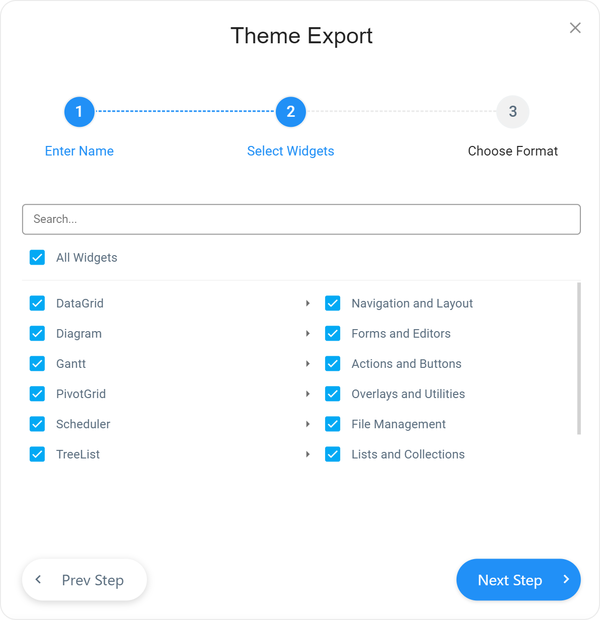 DevExtreme ThemeBuilder UI: Theme Export popup dialog, Select Widgets