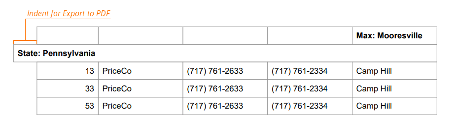 Indent for Export to PDF