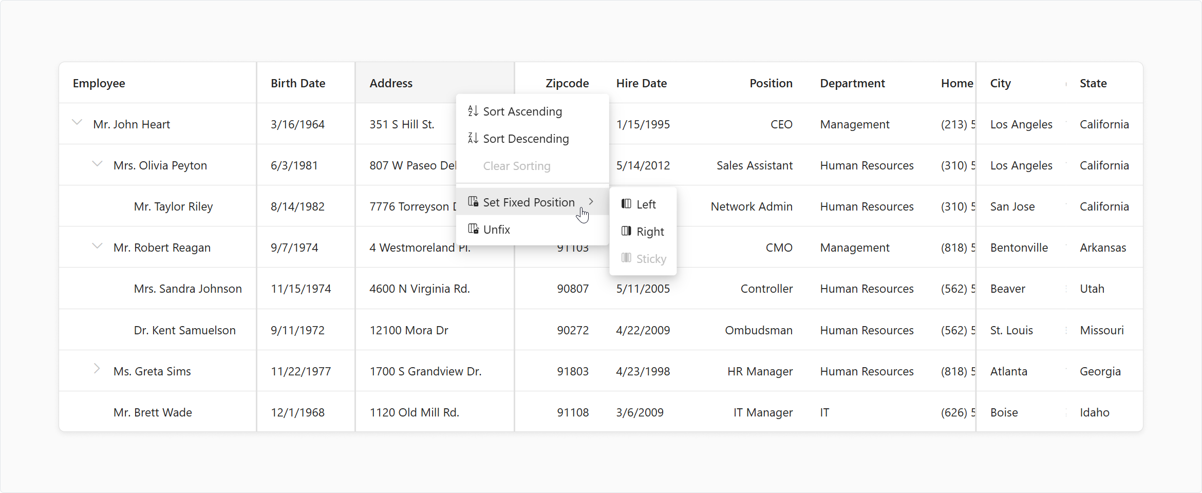 DevExtreme HTML5 JavaScript jQuery Angular Knockout TreeList Column Fixing