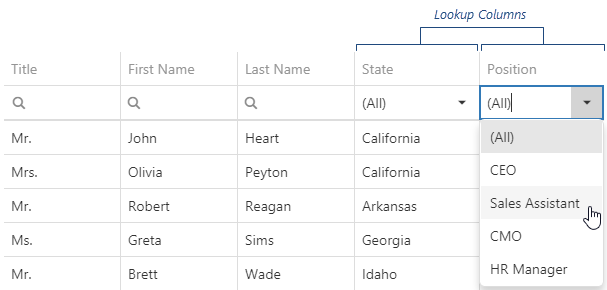 DevExtreme HTML5 JavaScript DataGrid LookupColumns