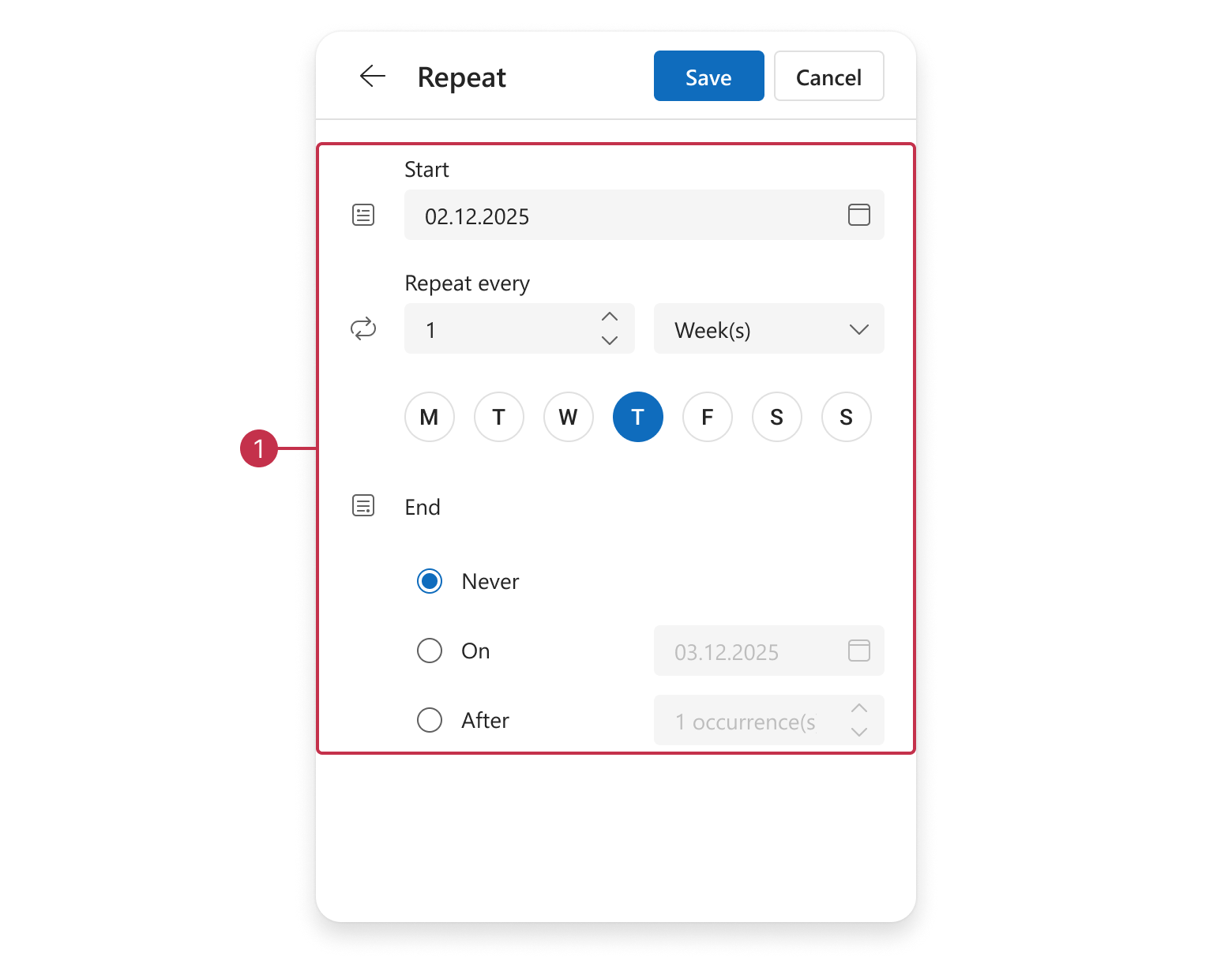 Scheduler appointment edit form, recurrence group