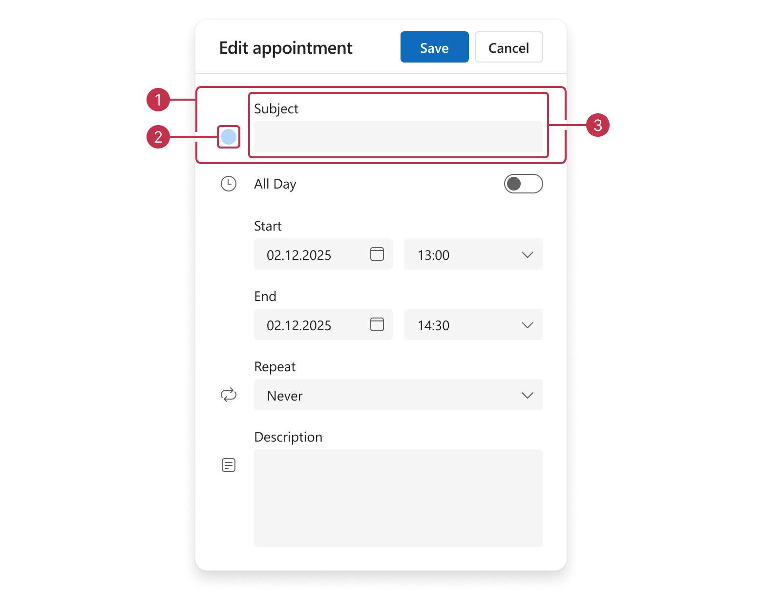 Scheduler appointment edit form, subject group items