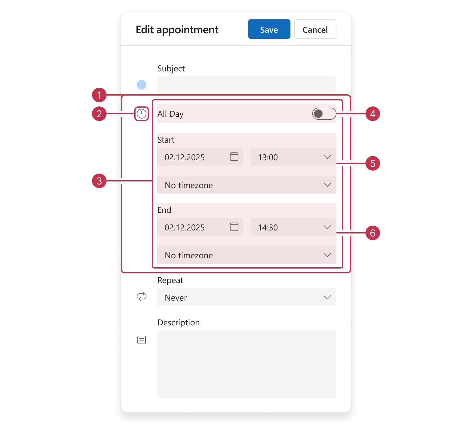 Scheduler appointment edit form, date group items