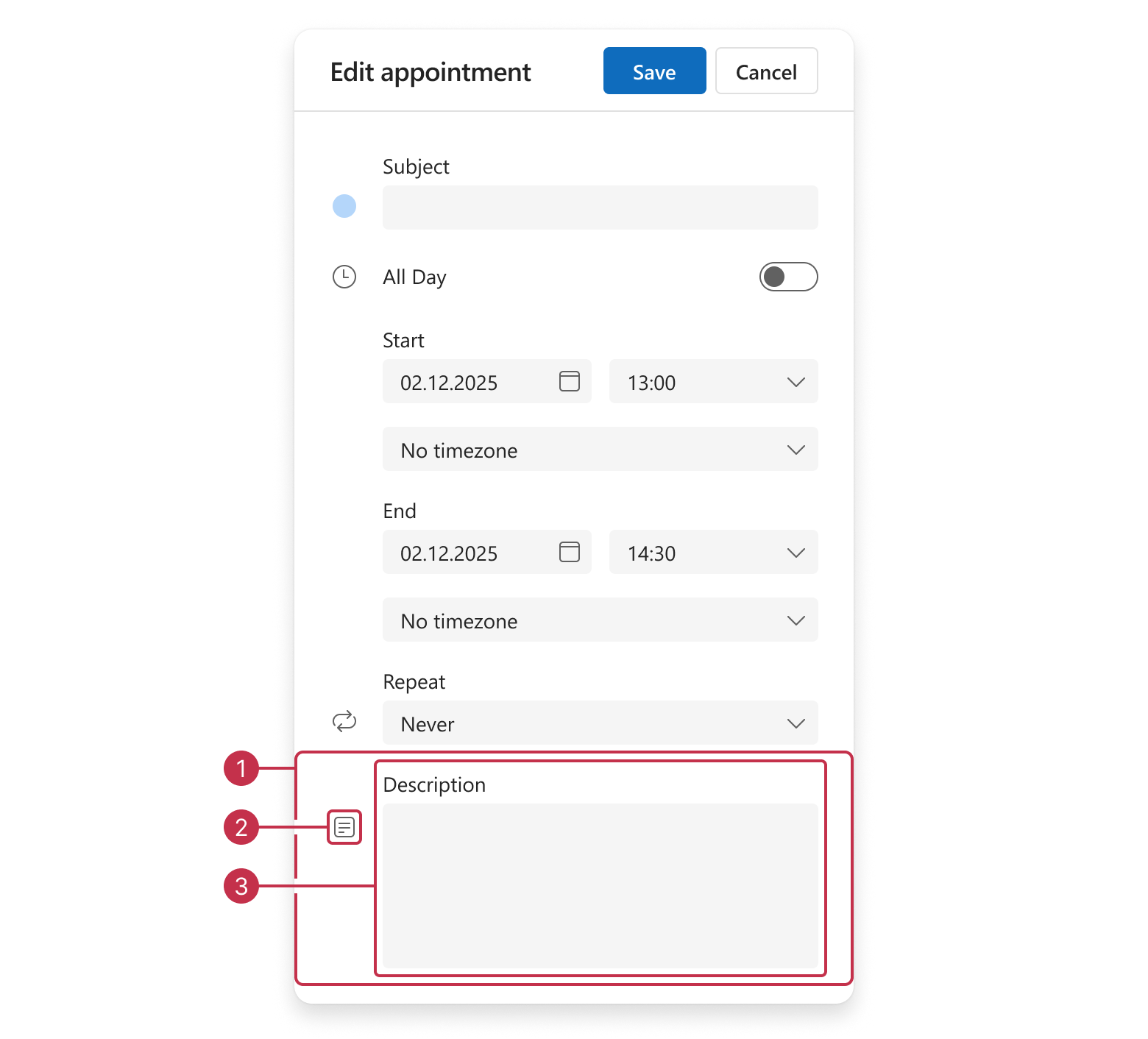 Scheduler appointment edit form, description group items