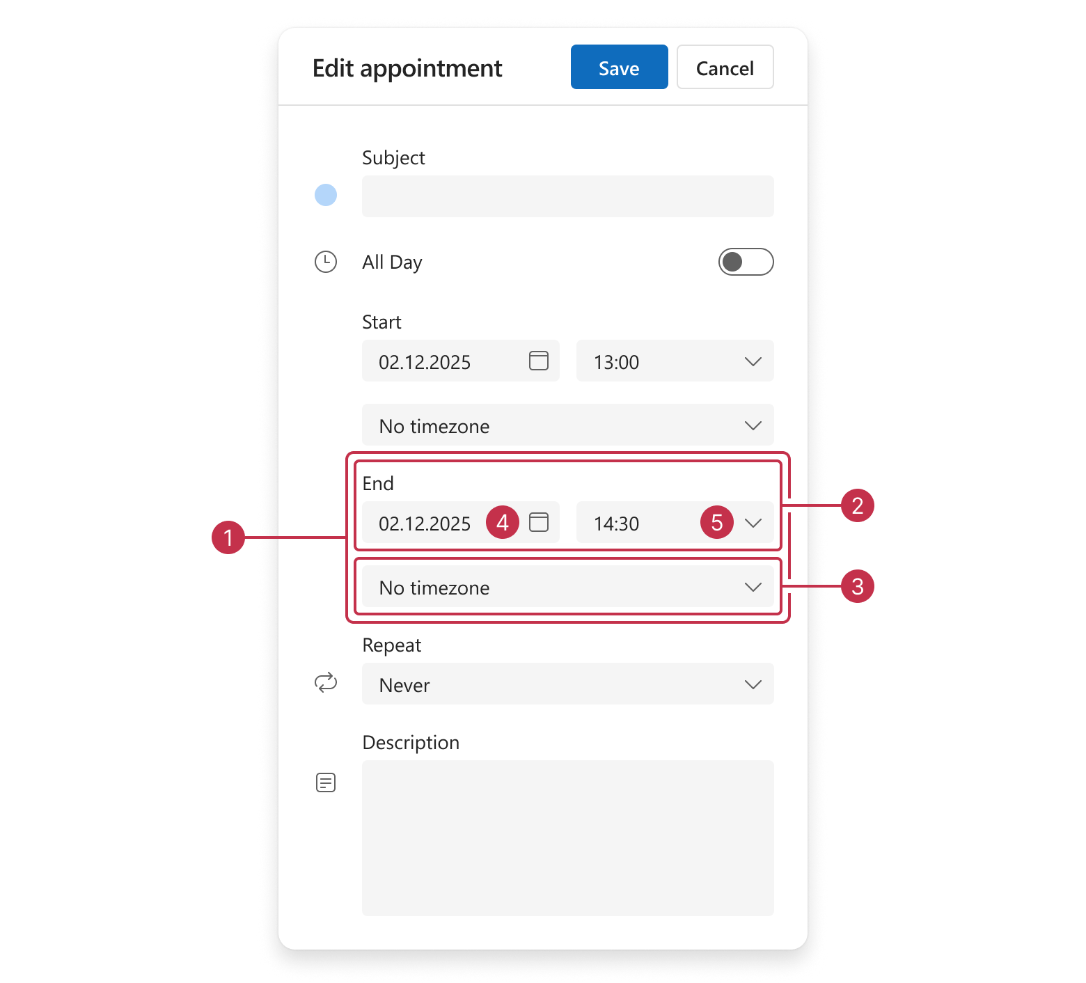 Scheduler appointment edit form, end date group items