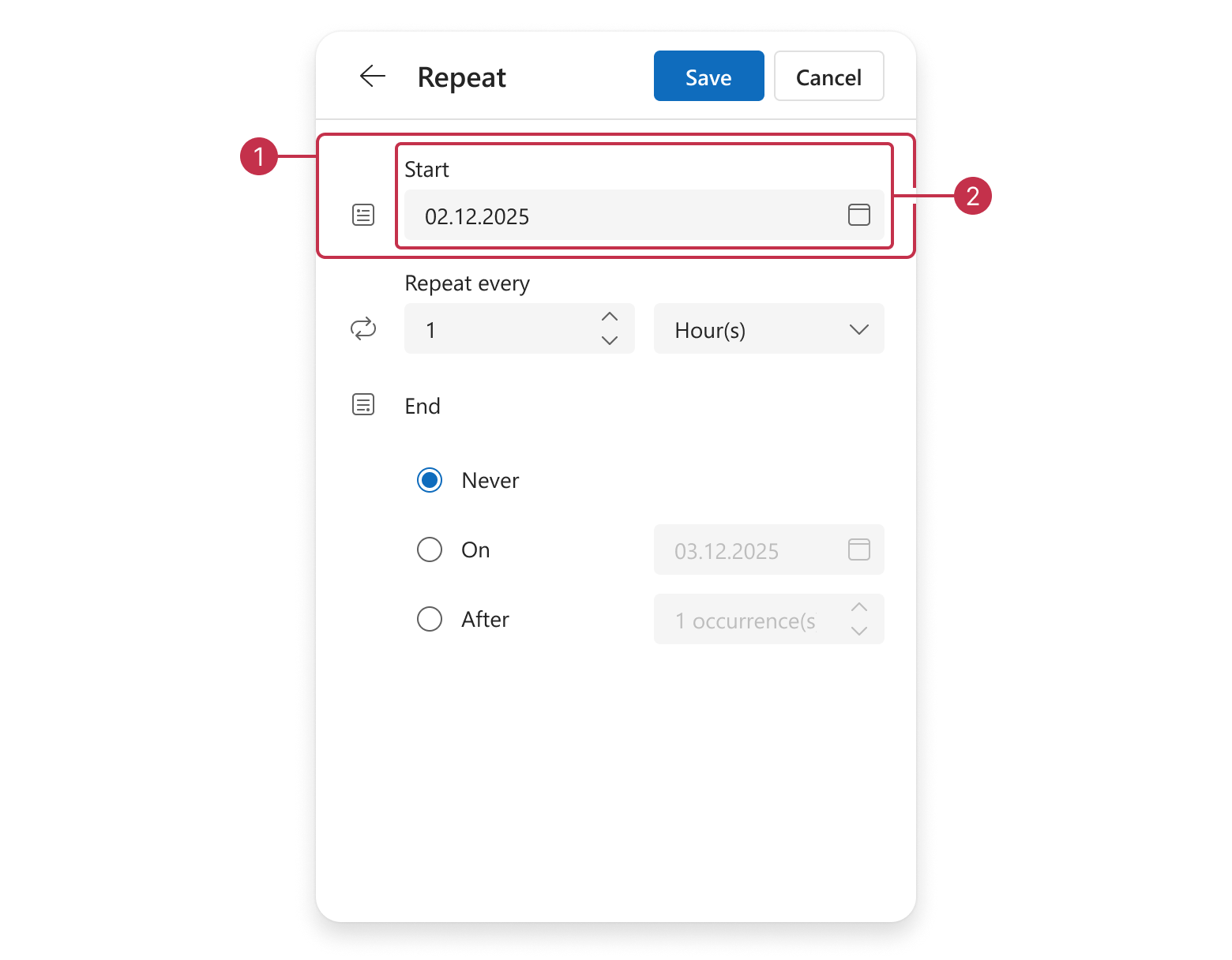 Scheduler appointment edit form, recurrence start date group items
