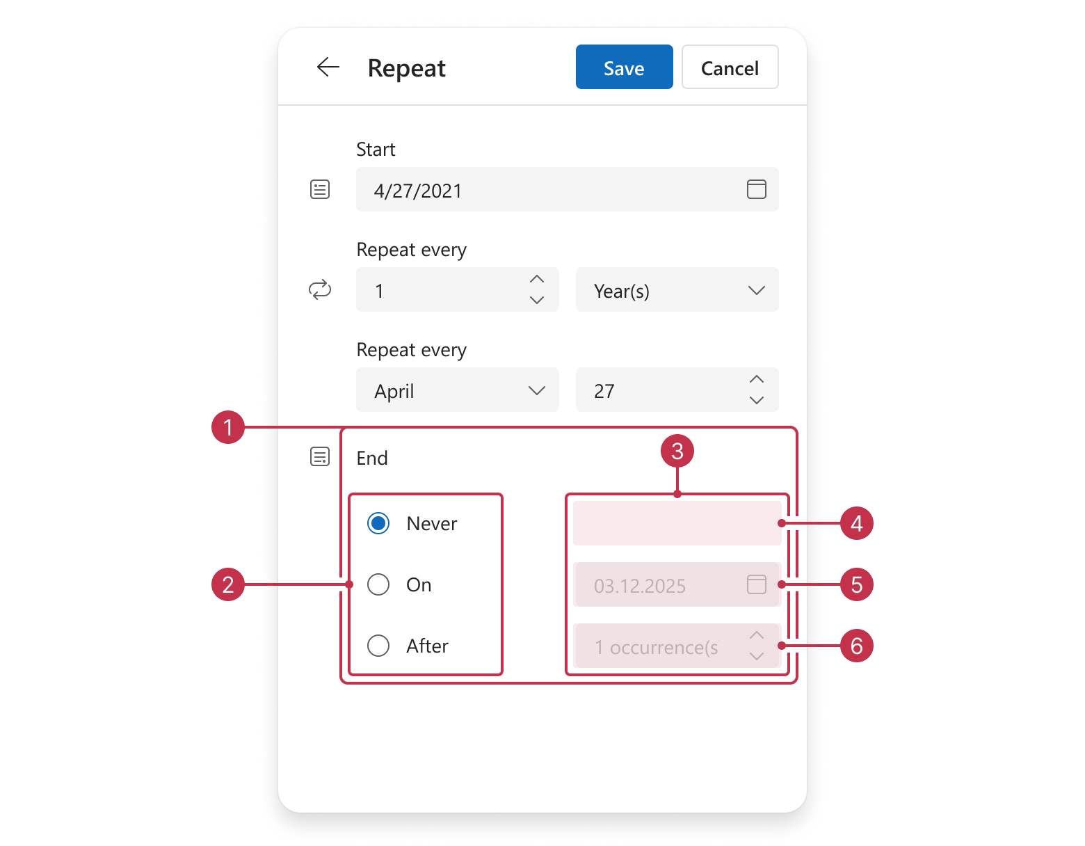 Scheduler appointment edit form, recurrence end date editor items