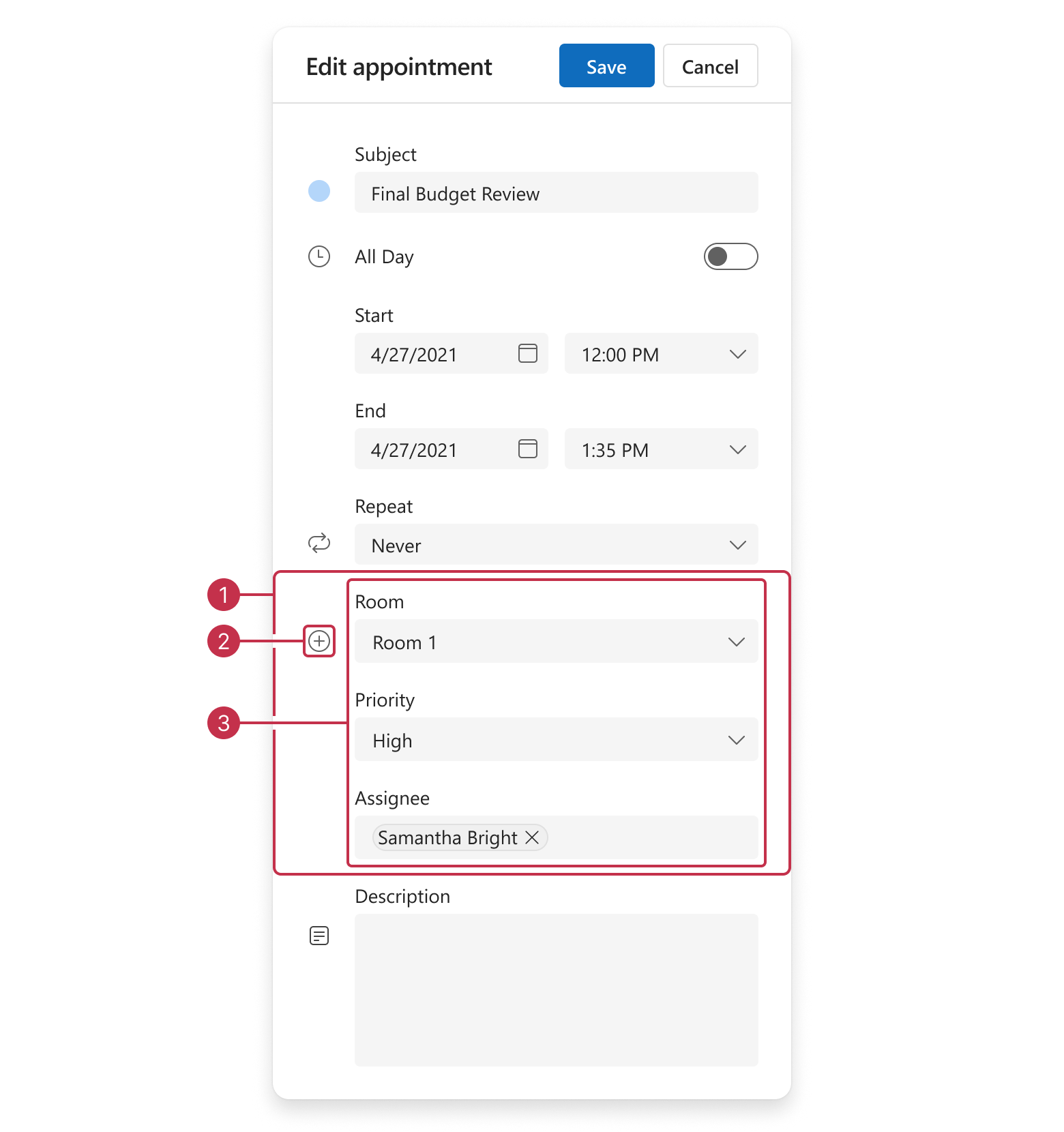 Scheduler appointment edit form, resources group items, no individual resource icons.