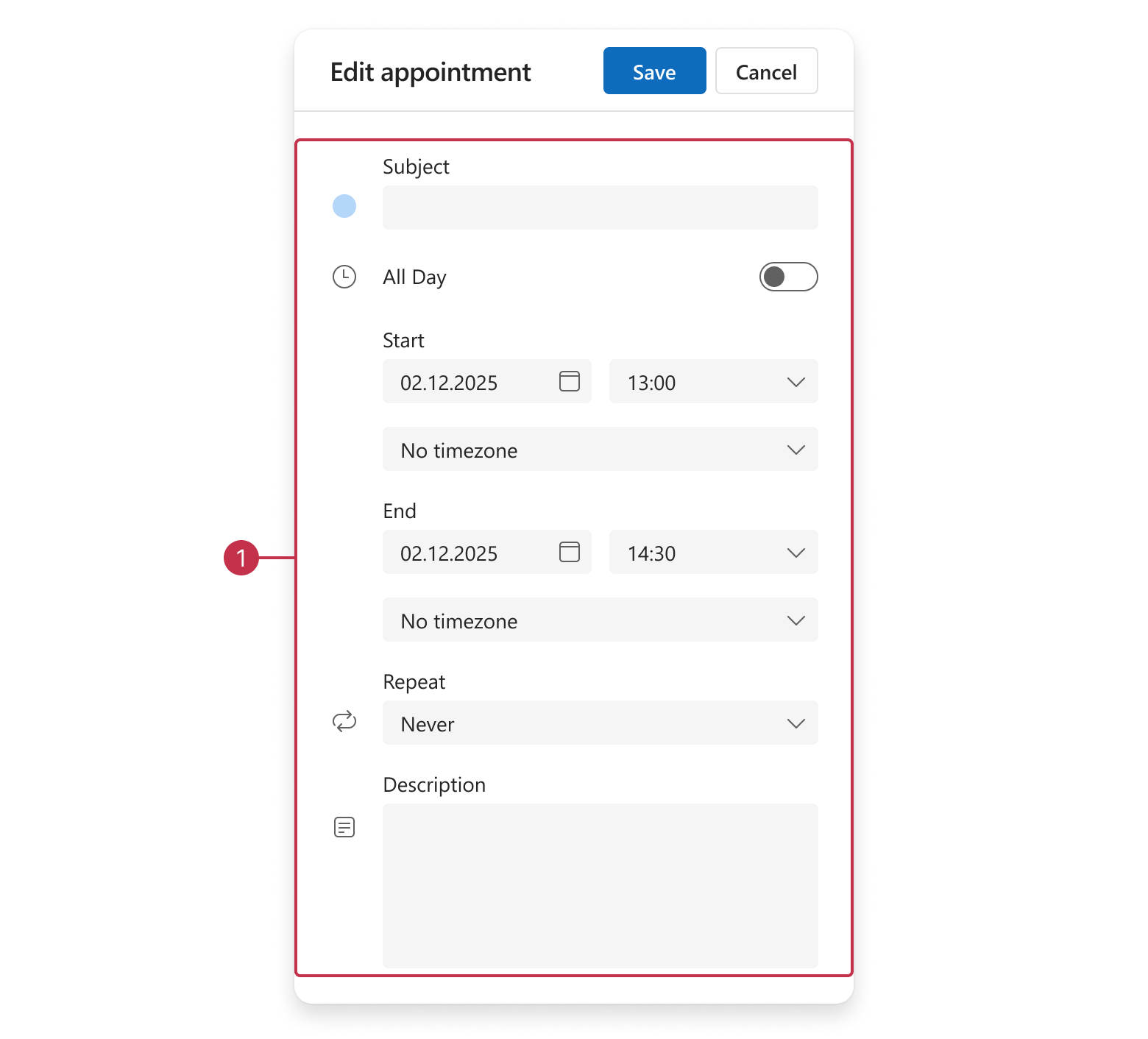 Scheduler appointment edit form, main group