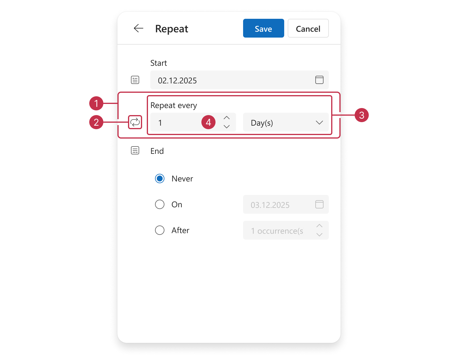 Scheduler appointment edit form, recurrence rule group items displayed in all recurrence modes