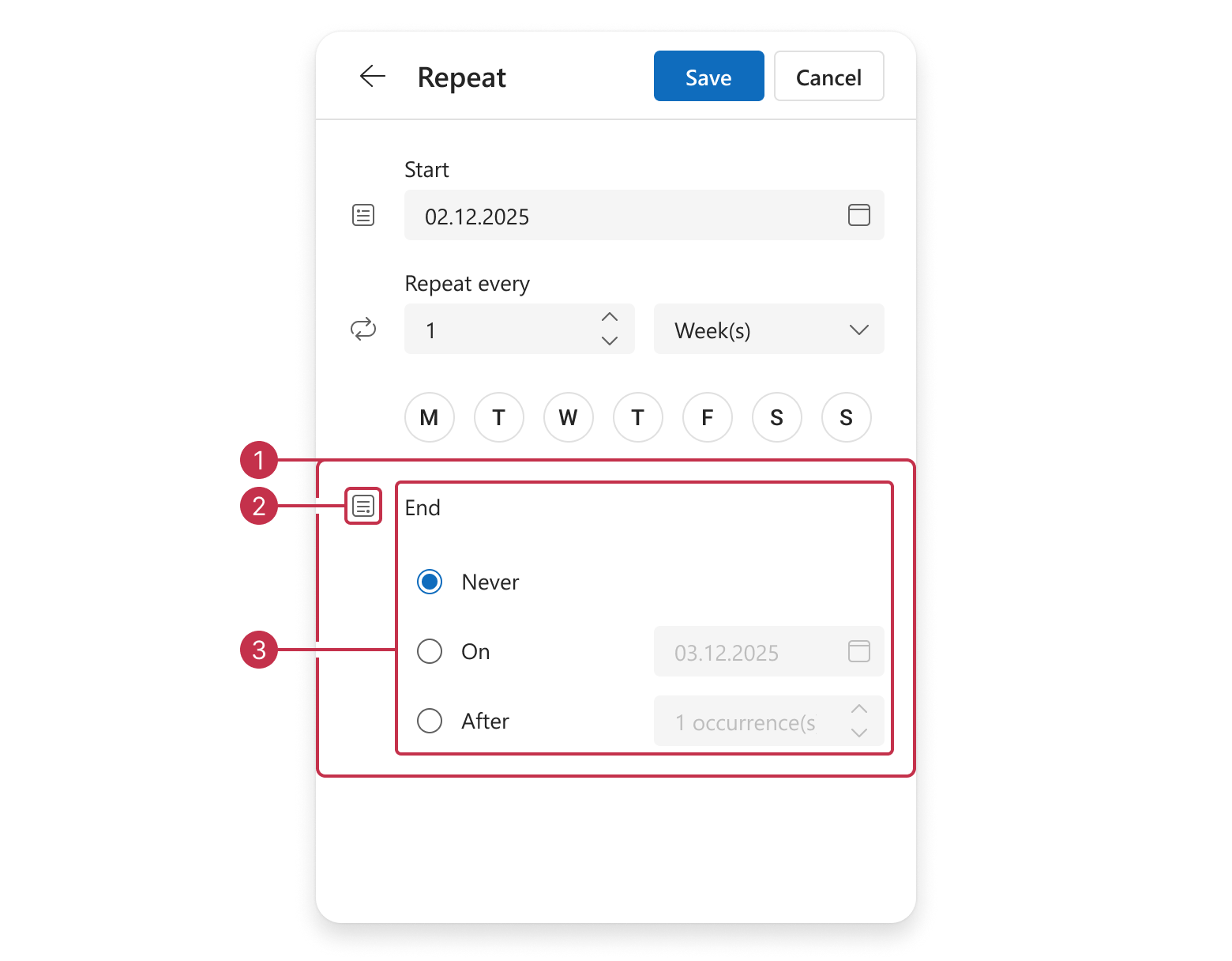 Scheduler appointment edit form, recurrence end date group items