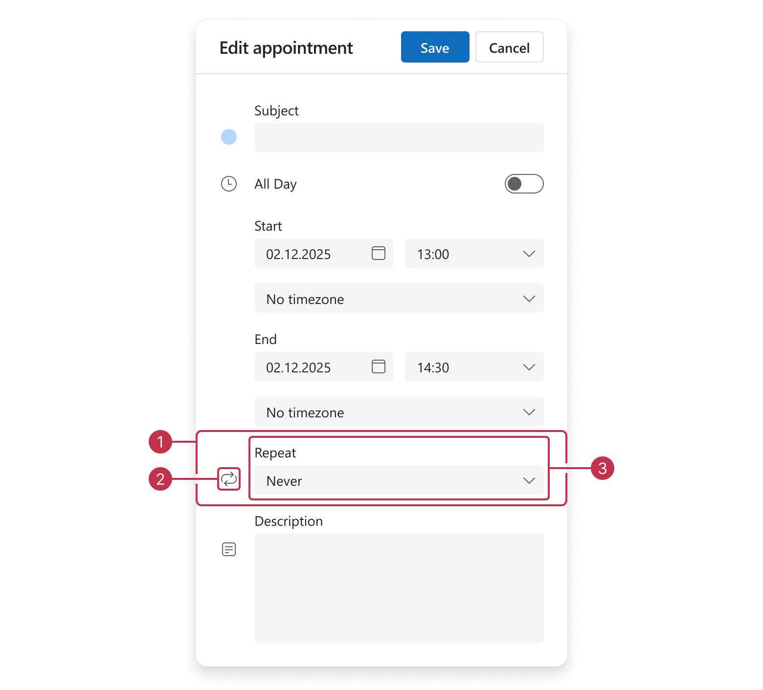 Scheduler appointment edit form, repeat group items