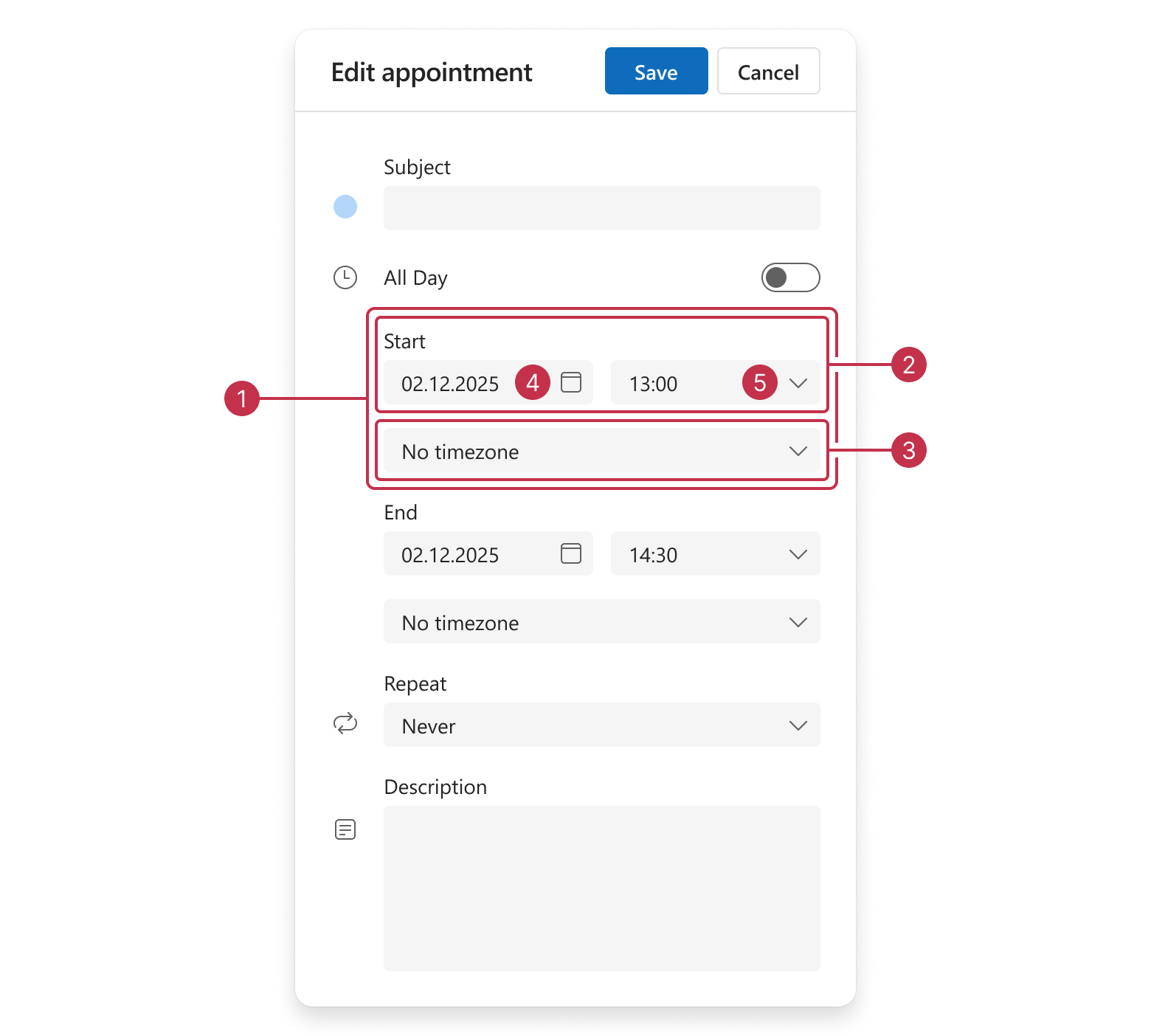 Scheduler appointment edit form, start date group items
