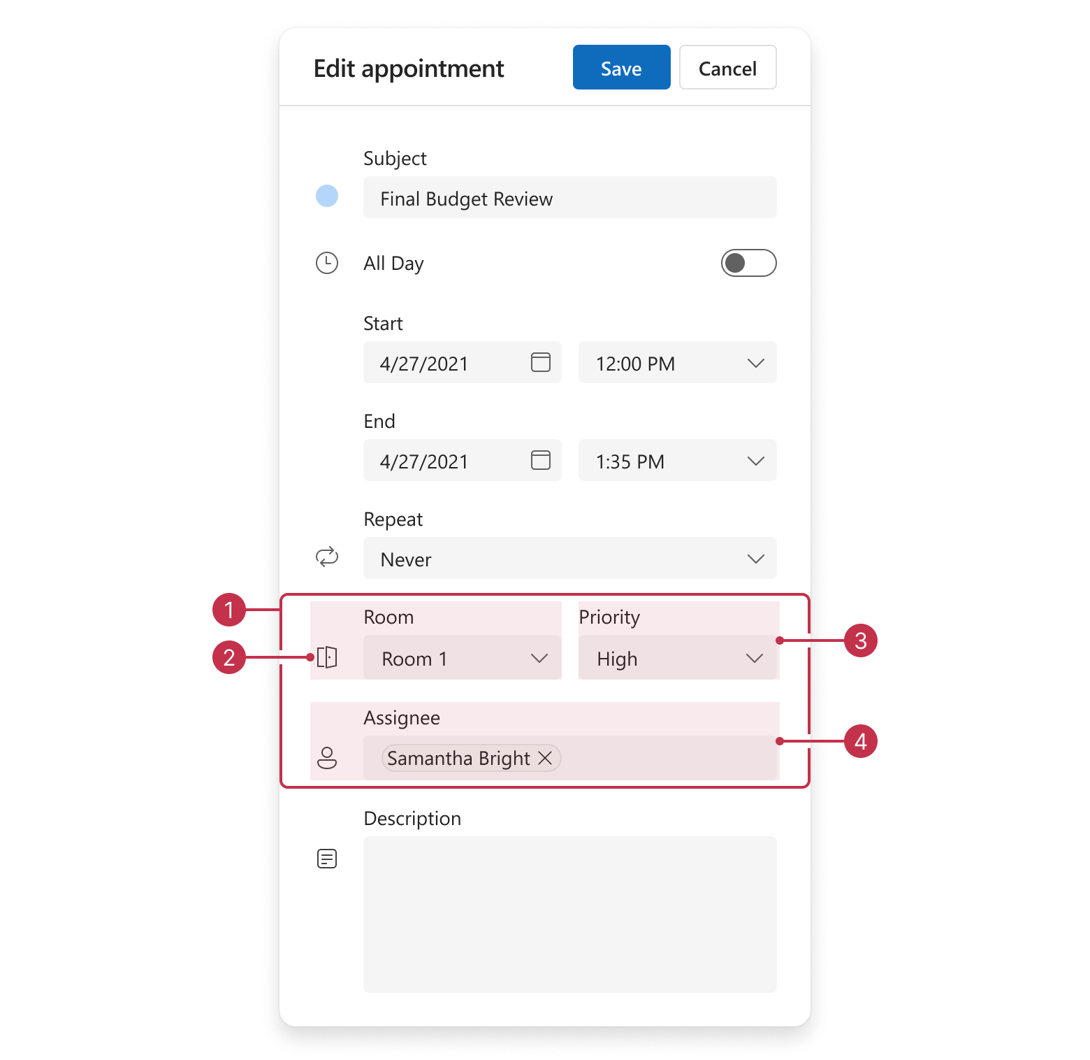 Scheduler appointment edit form, resources group items, alternative layout.
