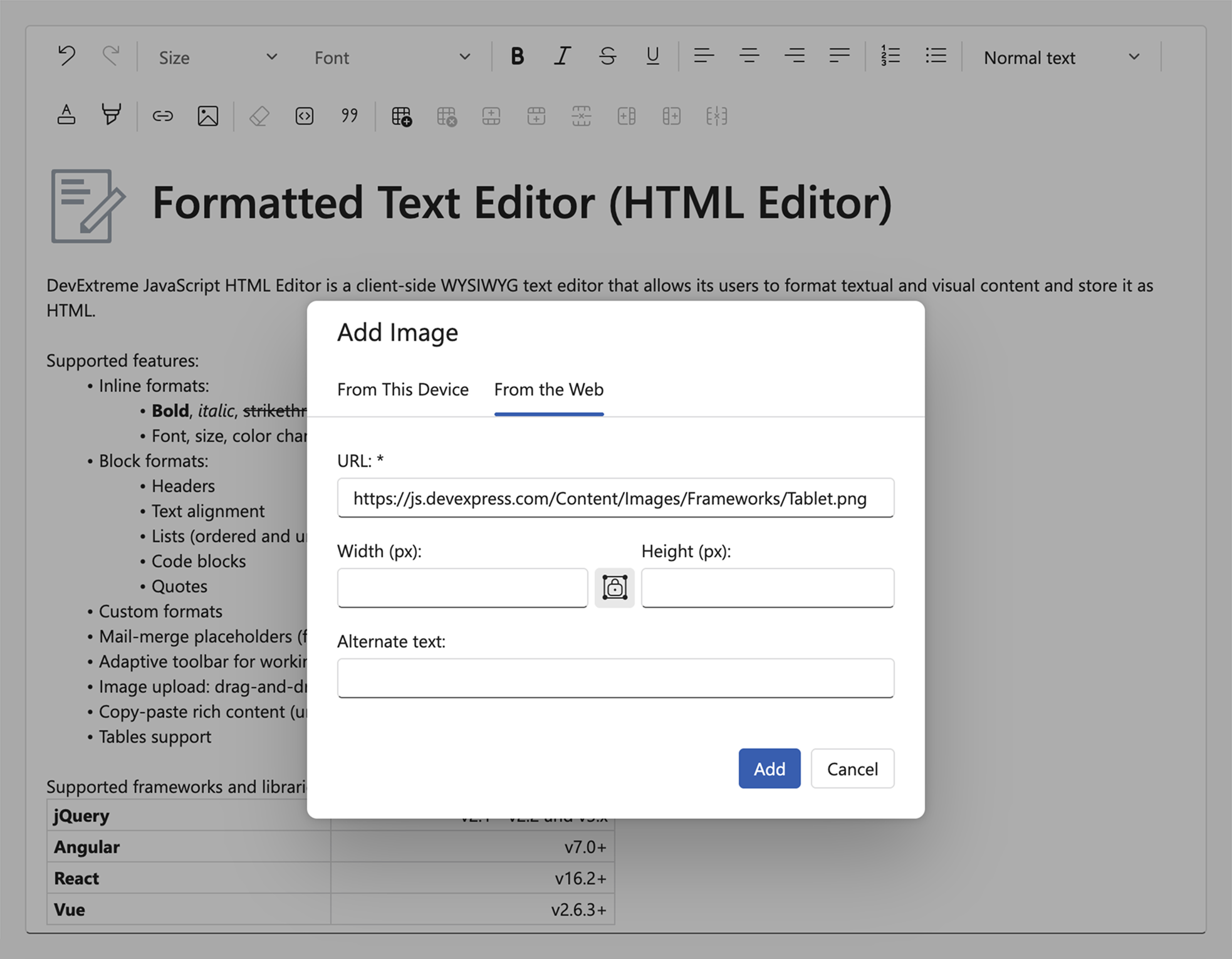 HTML Editor with an opened "From the Web" image upload dialog