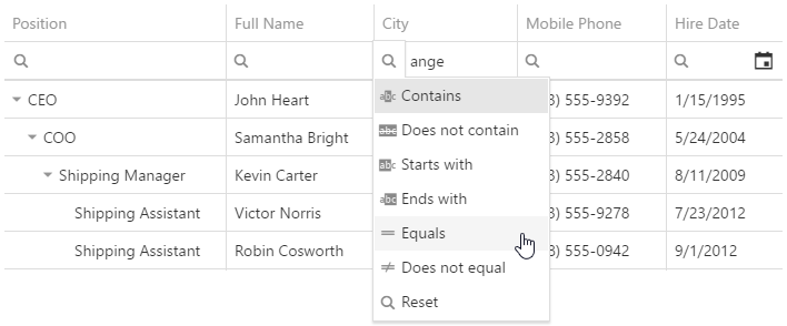 DevExtreme HTML5 JavaScript jQuery Angular Knockout treelist FilterRow