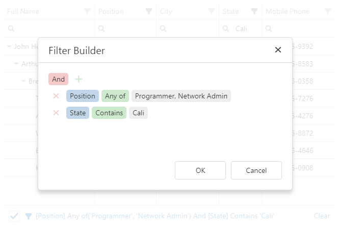 DevExtreme HTML5 JavaScript jQuery Angular Knockout treelist Filter Panel