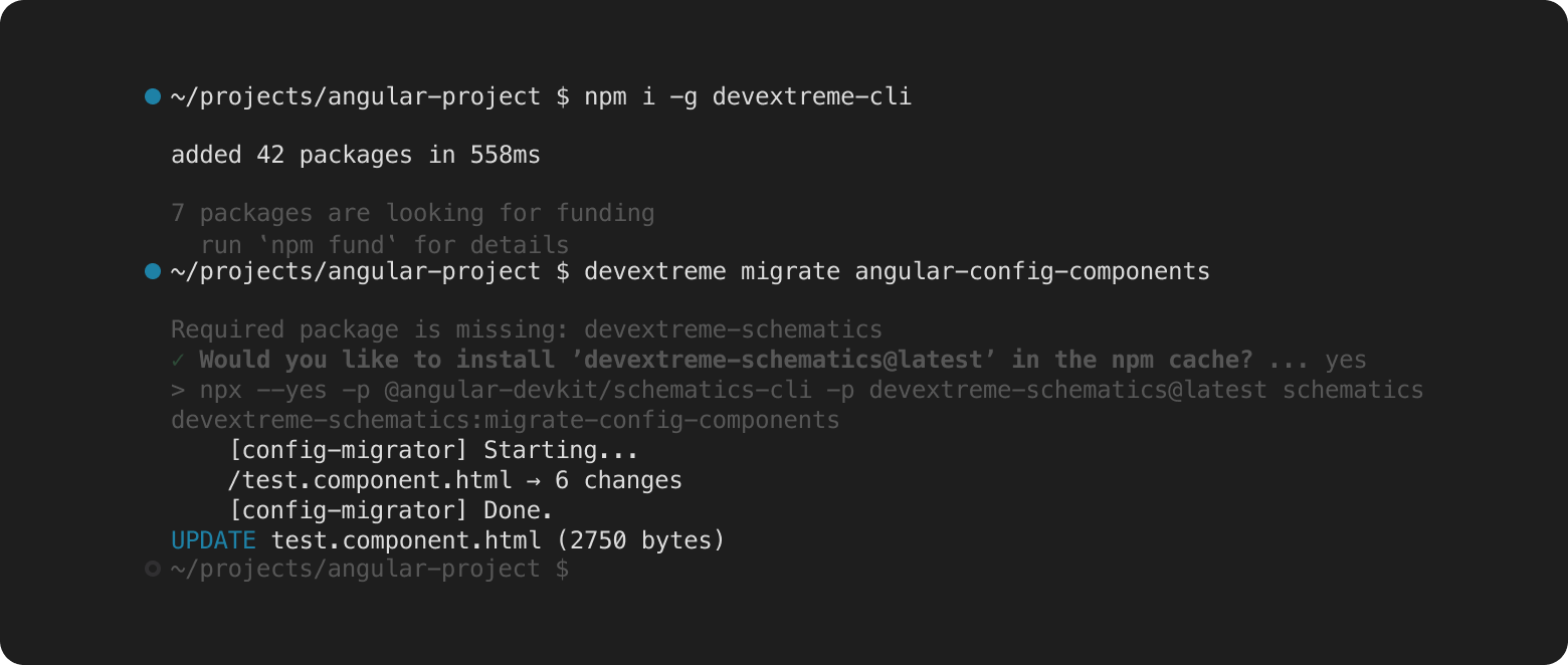 A terminal window that displays the output of two commands, including a DevExtreme CLI command.